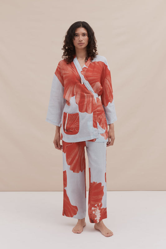 Wrap Set Grand Hibiscus Print Blue/Red Linen
