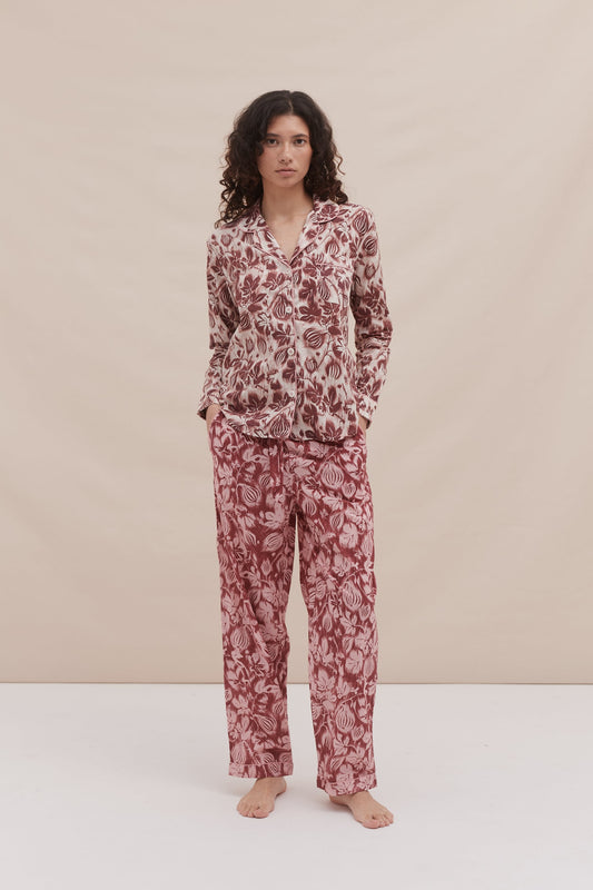 Long Pyjama Set Alma Fig Print Burgundy/Cream and Red/Pink