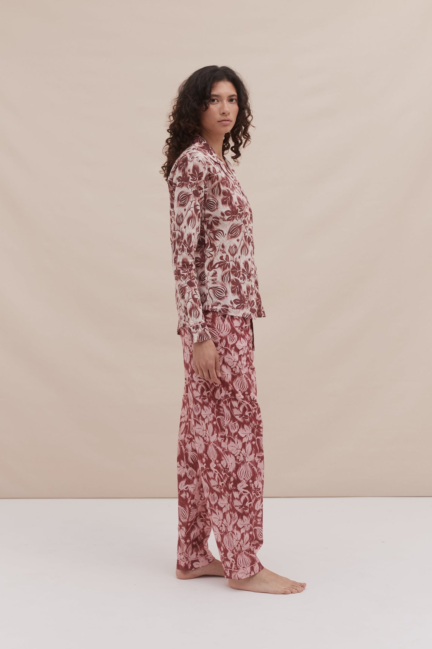 Long Pyjama Set Alma Fig Print Burgundy/Cream and Red/Pink