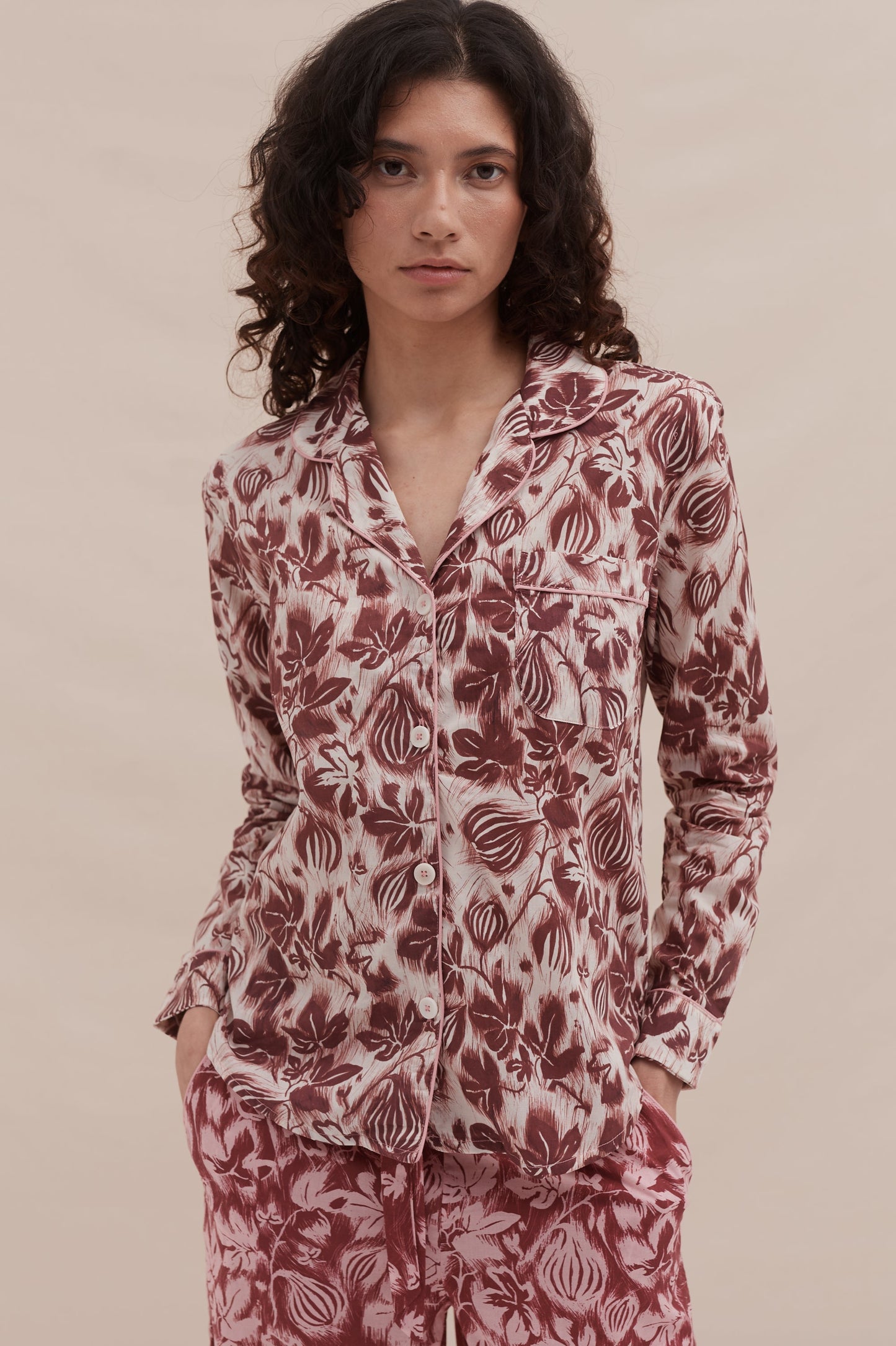 Long Pyjama Set Alma Fig Print Burgundy/Cream and Red/Pink