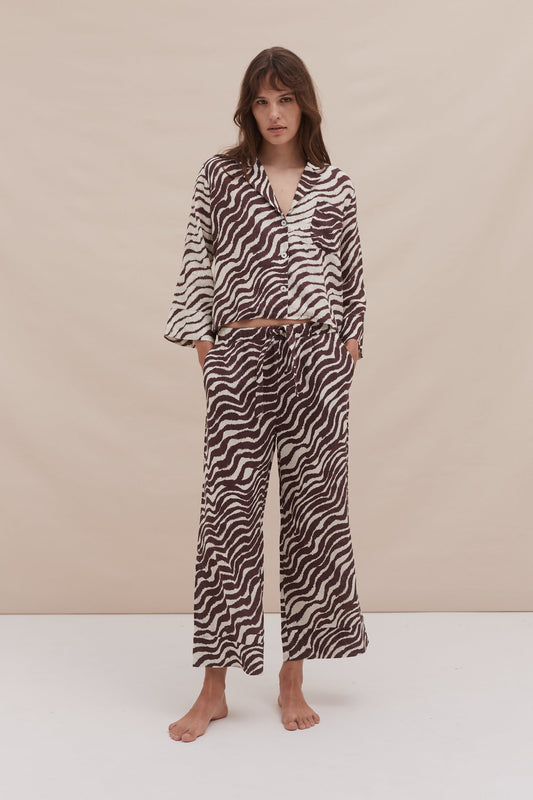 Boxy Shirt and Wide Leg Trouser Set Tide Print Cocoa/Cream Linen