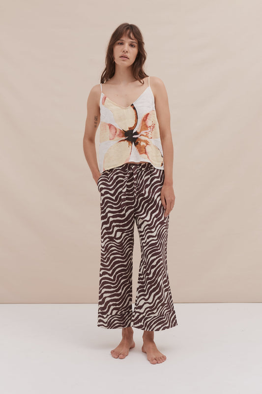 Cami Top and Wide Leg Trouser Set Hibiscus/Tide Print Yellow/Cocoa/Cream Linen