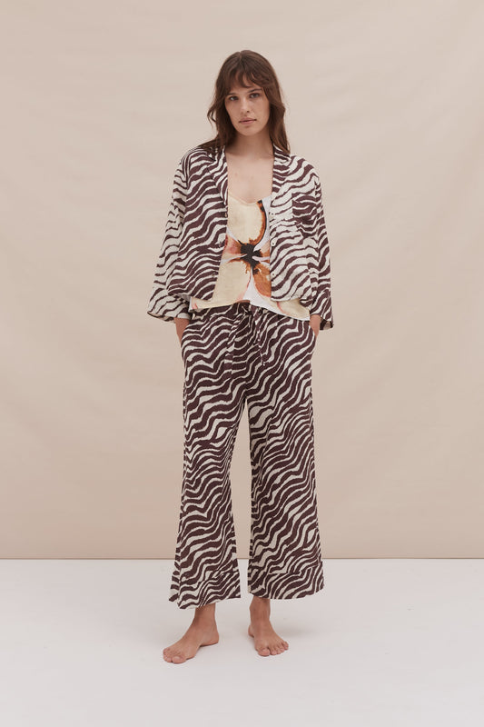 Boxy Shirt, Cami Top and Wide Leg Trouser Set Hibiscus/Tide Print Yellow/Cocoa/Cream Linen