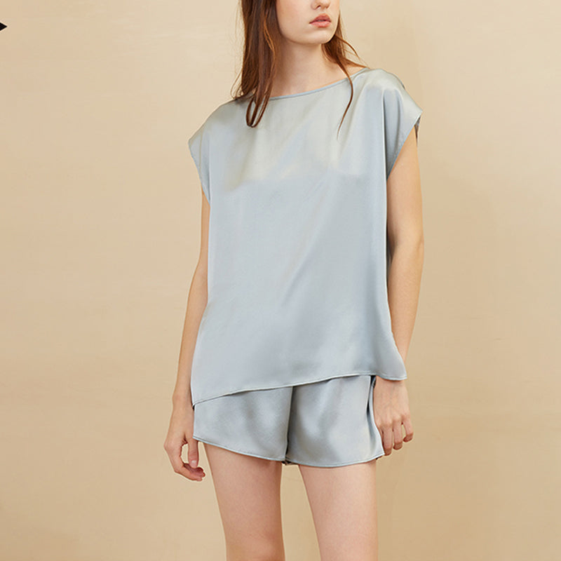 100% Mulberry Silk Sleeveless Shorts Set Heavy Silk Pajamas
