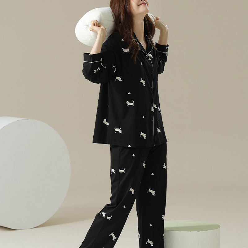 Women's Long Sleeve Trousers Suit Puppy Printed Pure Cotton Pajamas