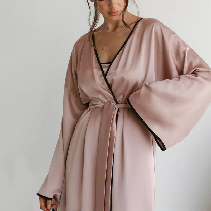 Long Sleeves Satin Wrap Midi Robes