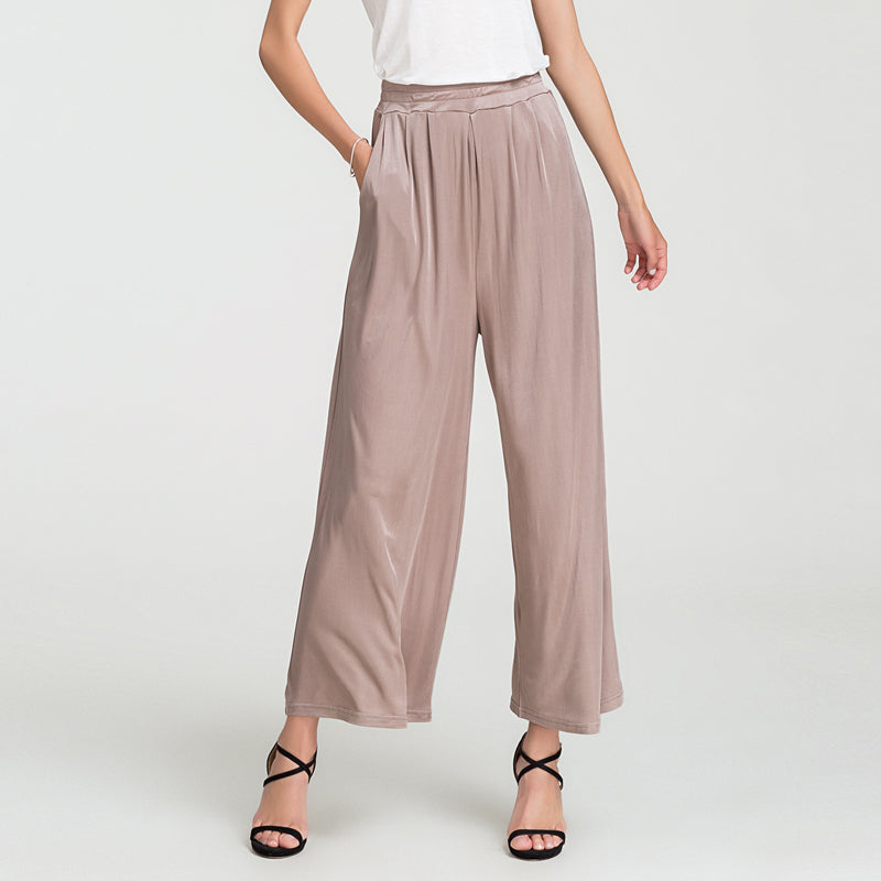Silk Solid Color High Waist Wide Leg Pants