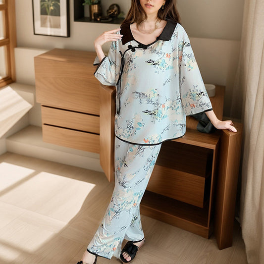 Long Sleeve V-Neck Printed Silk Pajama Set