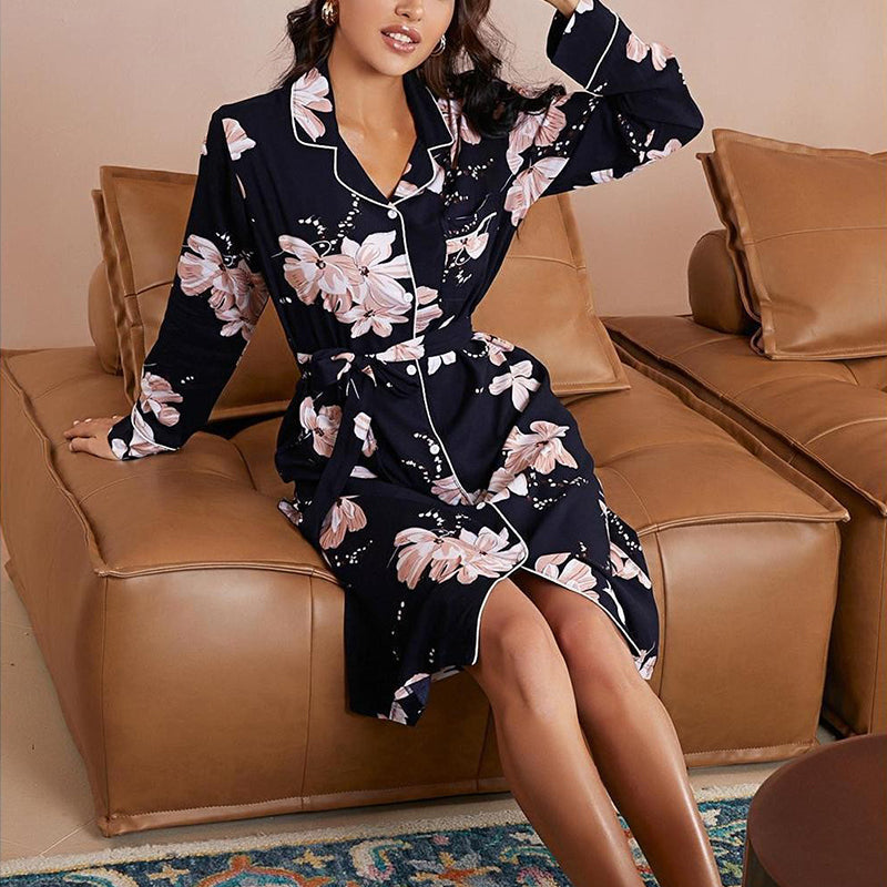 Sexy Long-Sleeved Lace-Up Printed Nightdress