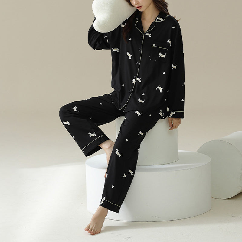 Women's Long Sleeve Trousers Suit Puppy Printed Pure Cotton Pajamas