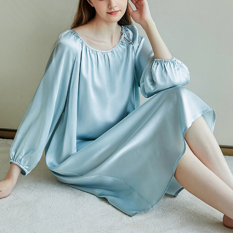 Simple Long-Sleeved Silk Nightdress