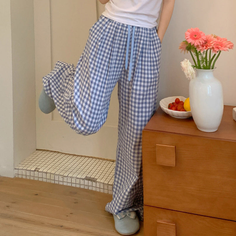 Blue Check Elastic Waist Lounge Pants