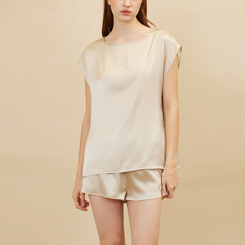 100% Mulberry Silk Sleeveless Shorts Set Heavy Silk Pajamas