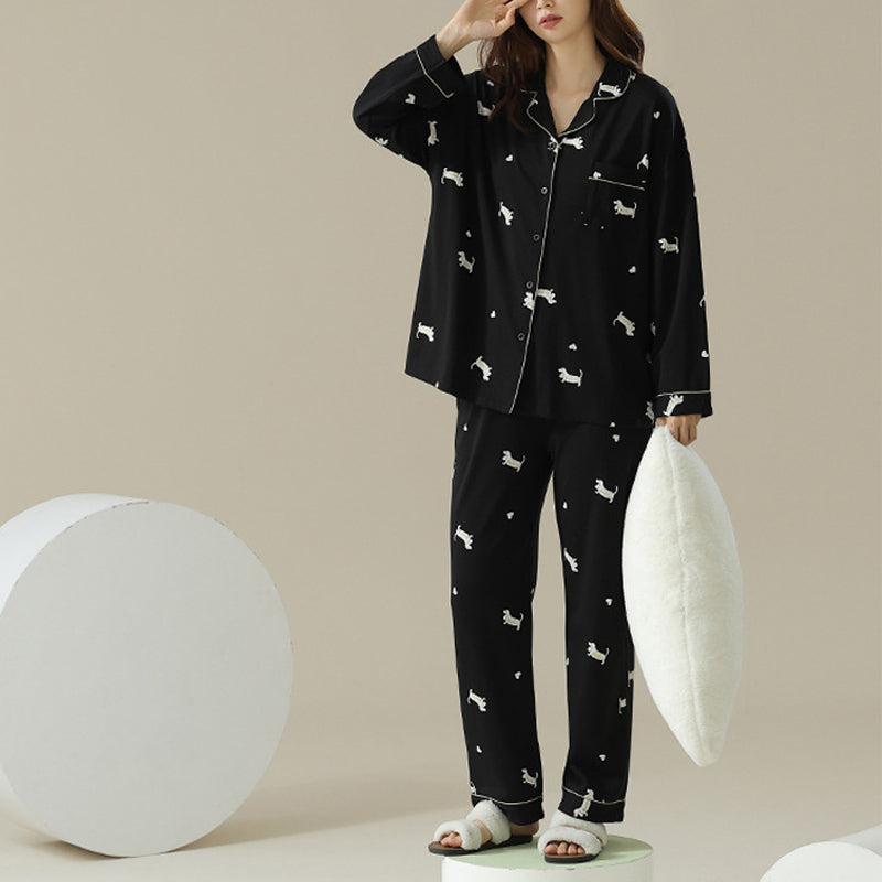 Women's Long Sleeve Trousers Suit Puppy Printed Pure Cotton Pajamas
