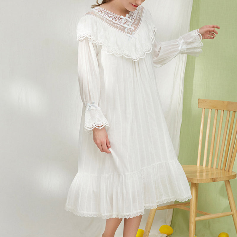 White Long Sleeve Lace Princess Nightdress