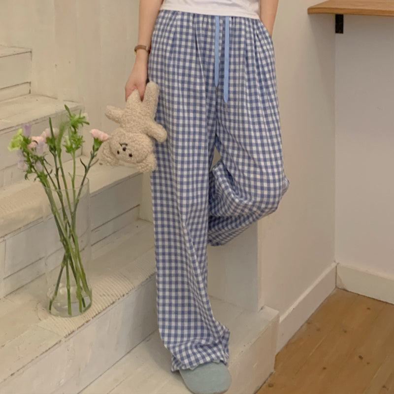 Blue Check Elastic Waist Lounge Pants