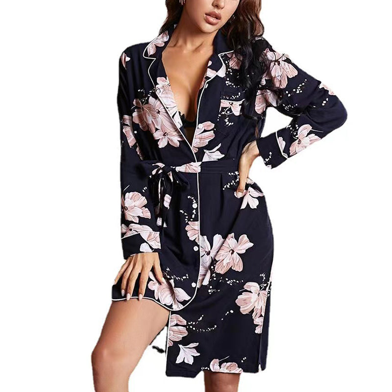 Sexy Long-Sleeved Lace-Up Printed Nightdress