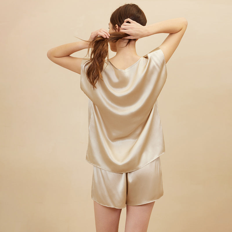 100% Mulberry Silk Sleeveless Shorts Set Heavy Silk Pajamas