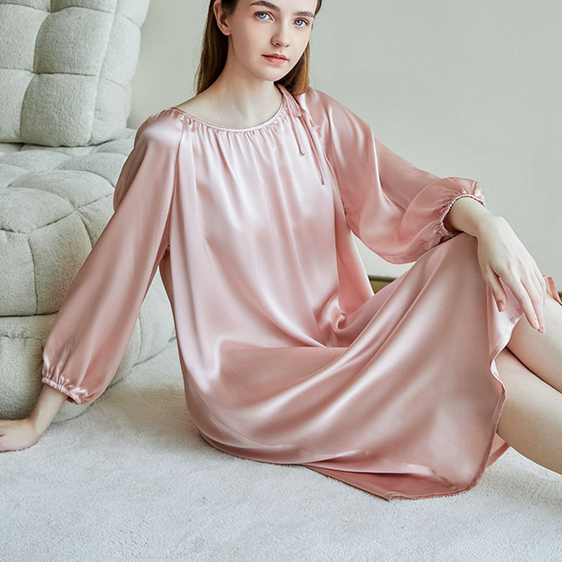 Simple Long-Sleeved Silk Nightdress