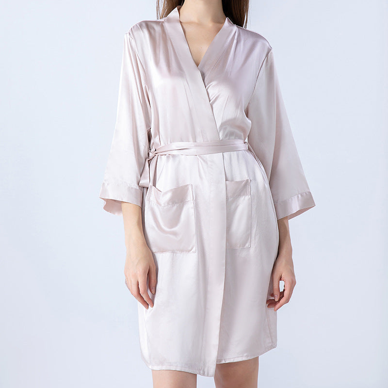 Women's 3/4 Sleeve Satin Solid Color Bathrobe