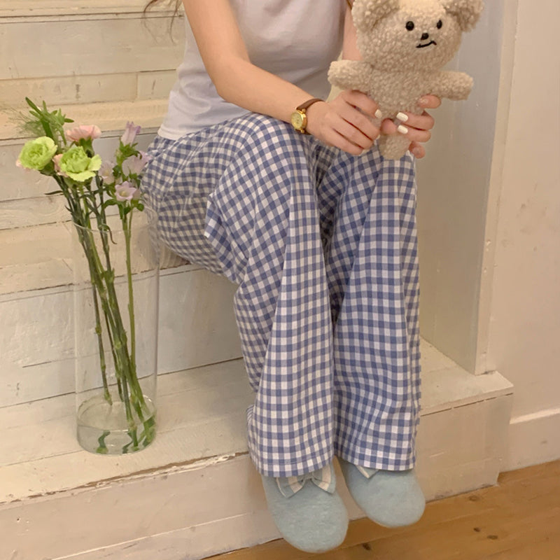 Blue Check Elastic Waist Lounge Pants