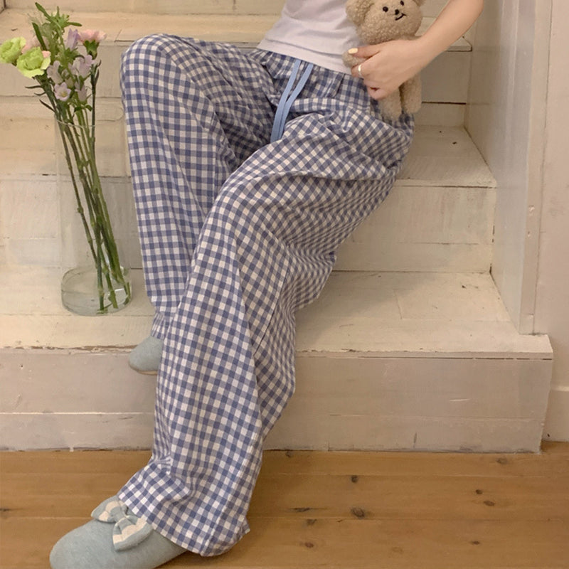 Blue Check Elastic Waist Lounge Pants