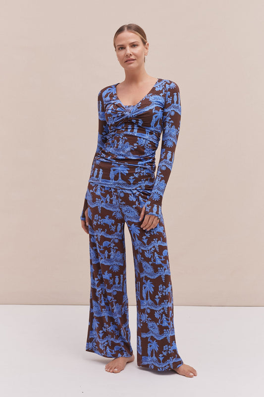 Lyocell Jersey Twist Top & Fold Over Trousers Set A Laced Dream Espresso/Blue