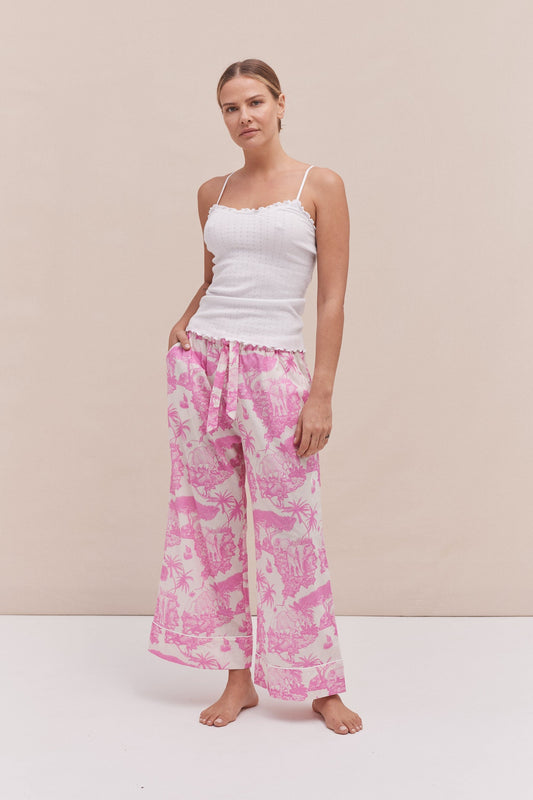 Soft V Tank Top & Wide Leg Trouser Set White/Loxodonta Print Pink