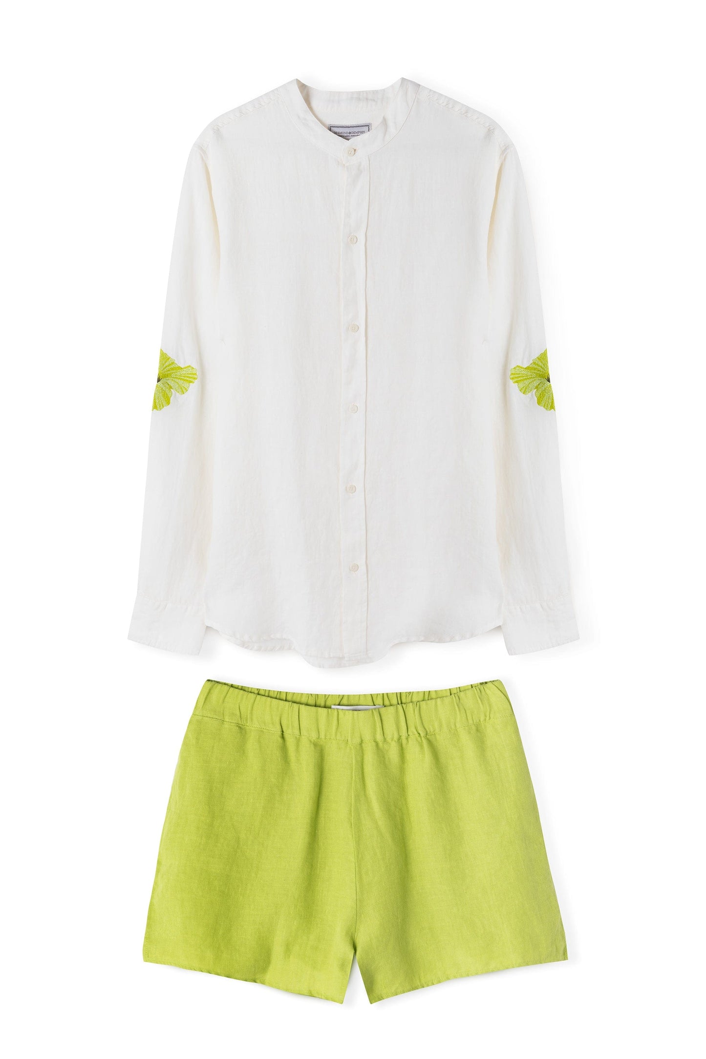 Grandad Collar Shirt & Easy Short Set Embroidered Cream/Lime Linen